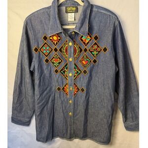 Bob Mackie Wearable Art Embroidered Denim Button Shirt GrandmaCore Womens 1X